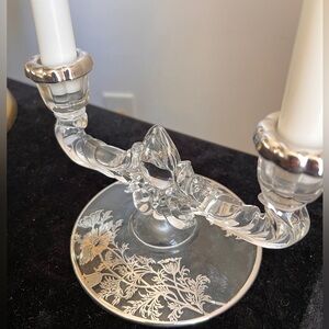 Vintage pair of Double Candlestick Holder Set With Silver Floral Overlay Trim